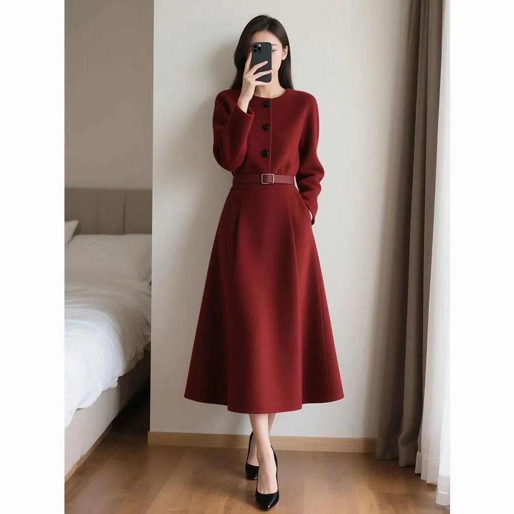 Women'S Red Formal Wear - Vestido de Manga Longa com Cinto,